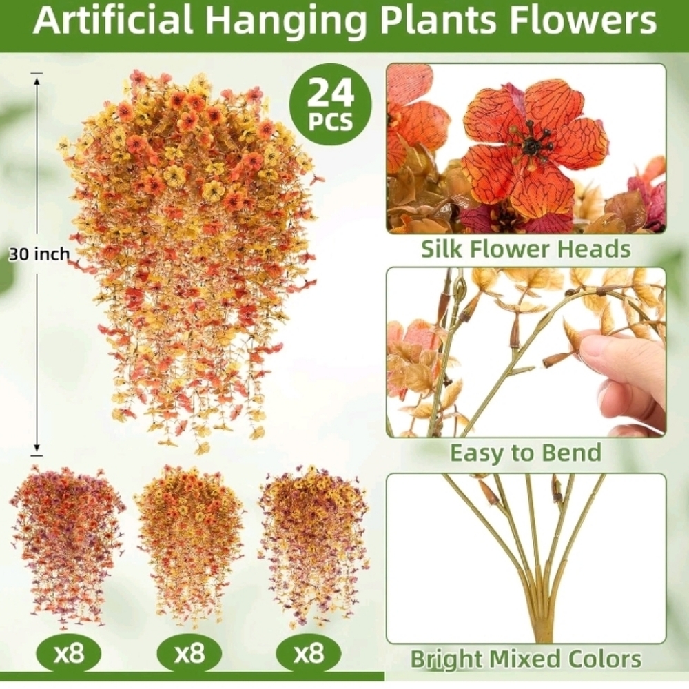 24 Pack Artificial Hanging Plants Flowers - Orange, Red and Yellow.